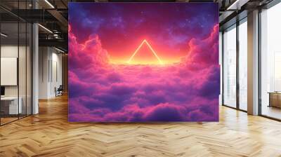 Purple pink clouds in the sky with futuristic sunset. 3d rendering, abstract futuristic background in neon colors. Glowing triangle frame in yellow Wall mural