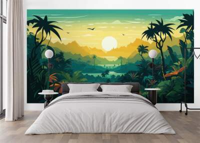 Beautiful view of the jungle. Vector illustration in cartoon style Wall mural