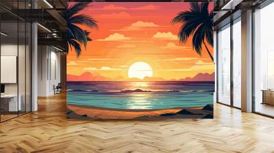 Tropical beach at sunset with palms. Vector illustration in cartoon style Wall mural