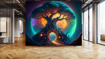 Colorful Tree of Life with fantasy moon background Wall mural