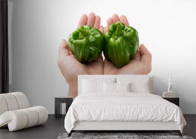 closeup of holding two fresh green pepper in hand with white background Wall mural