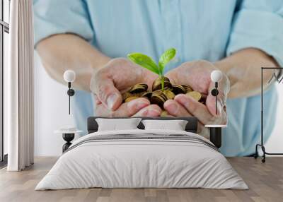 Businessman holding little plant growing on coins Wall mural