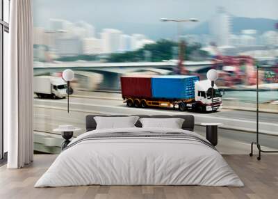 Container trucks motion blur on highway overpass Wall mural