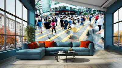 Crowd of people walking on busy hong kong street Wall mural