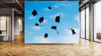 Group of graduation caps thrown in the air Wall mural