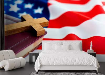 Holy bible with a cross on american flag Wall mural