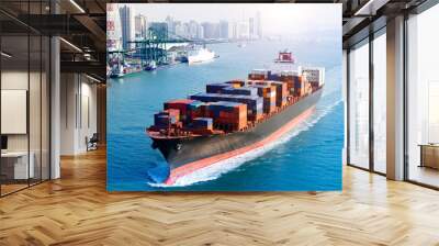 Large cargo container ship arriving in port Wall mural