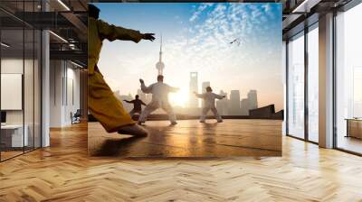 People practice taiji on the bund, oriental pearl tower in the distance,  in Shanghai, China Wall mural