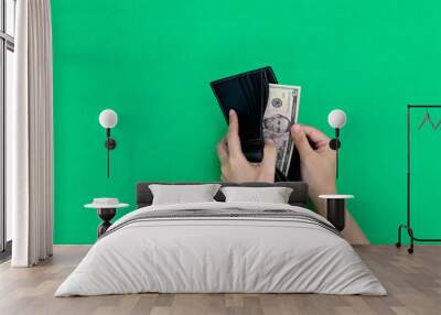 Woman hand holding a leather wallet with dollar Wall mural