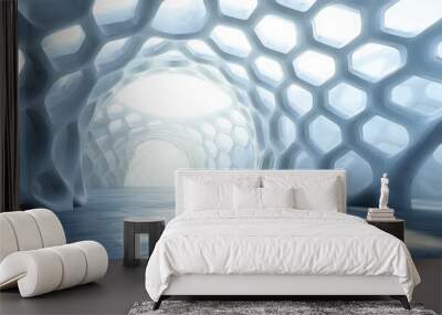 A futuristic, airy space featuring hexagonal patterns and soft lighting, creating an ethereal and modern atmosphere Wall mural