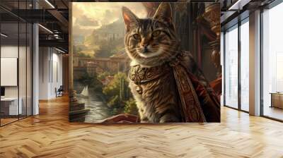 A majestic cat adorned in regal attire sits in a grand setting, overlooking a serene landscape with elegant architecture and lush scenery Wall mural