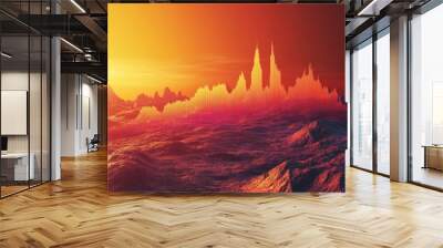 A stunning digital landscape featuring sound waveforms rising from a surreal terrain, illuminated by a vibrant sunset, creating an atmosphere of harmony and tranquility Wall mural