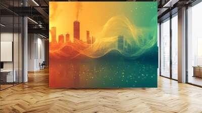 A vibrant city skyline with colorful waves of orange and green, creating a surreal atmosphere with hints of smoke and shimmering lights reflected on water Wall mural