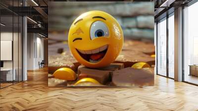 An animated 3D emoji winking as it breaks free from a flat, monotone wallpaper Wall mural