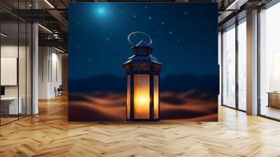 Lone lantern stand in desert, starry sky, Ramadan theme, soft focus background Wall mural