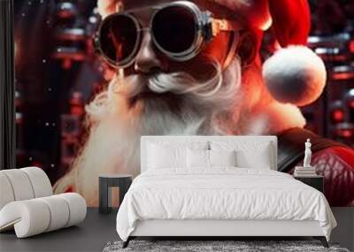 Santa Claus with trendy glasses, red astronaut suit, glowing holiday lights, close-up, futuristic space station. Wall mural