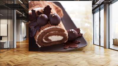 traditional christmas yule log cake with chocolate chestnuts Wall mural