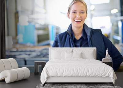 Tablet, happy and portrait of woman in factory for manufacturing, networking and inventory. Distribution, industrial and technology with female employee in warehouse for inspection, export or storage Wall mural