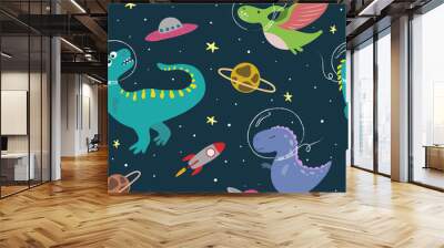 Hand drawn seamless pattern with cute dinosaurs in space.  Great design for kids apparel, nursery decoration, fabric, textile. Cute and colorful dino design vector illustration. Wall mural