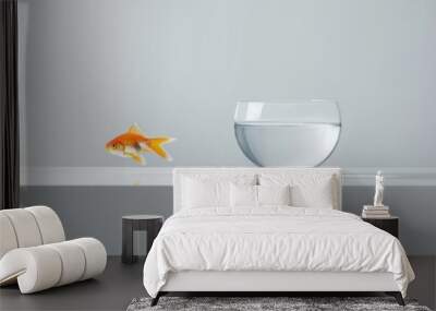 A minimalist image of a goldfish leaping towards a larger bowl, conveying concepts of ambition or change, suitable for motivational materials or creative storytelling. Wall mural