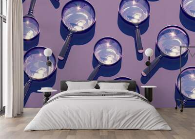 A pattern of magnifying glasses with reflective surfaces on a purple background, perfect for a mysterious or investigative theme in an April Fools' Day scavenger hunt. Wall mural