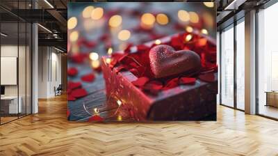 A Valentine's Day setting featuring a glittery heart inside a box surrounded by red paper hearts and warm, bokeh light in the background Wall mural