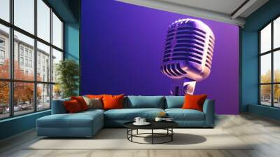 A vintage microphone with a royal purple background creates a dramatic atmosphere suitable for cinema advertisements, podcast promotions, or announcing movie events or film industry interviews. Wall mural