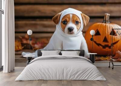 This adorable puppy wearing a ghost costume adds charm to a minimalist Halloween arrangement beside a carved pumpkin surrounded by autumn leaves and open space Wall mural