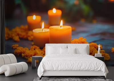 This peaceful candlelit vigil showcases flickering candles surrounded by vibrant marigold petals creating a serene atmosphere perfect for honoring loved ones during Día de los Muertos Wall mural