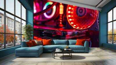 Close-up of RGB cooling fan with red lights, stylish gaming setup Wall mural