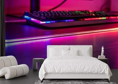 Close-up of RGB mousepad with white lights, stylish computer setup Wall mural