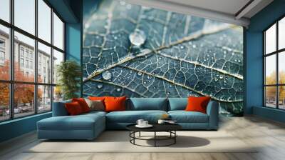 Detailed macro shot showcasing raindrop on delicate leaf skeleton structure. Wall mural