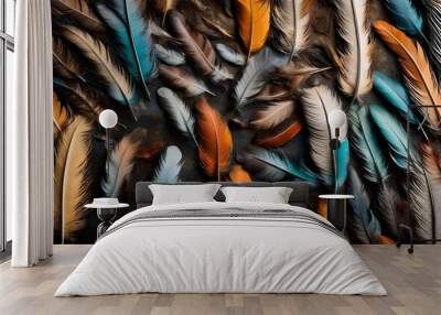 full frame of dark colorfully feather in dark solid color abstract background  Wall mural