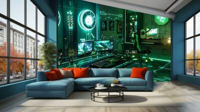 Futuristic gaming room with emerald green RGB lights, glass desk, glowing peripherals Wall mural