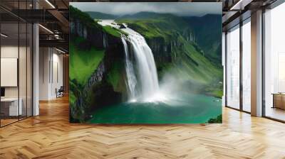 green big cliff and mountain with abstract valleys and colorful water falling with milk valley in the middle of the two mountain with blue sky abstract natural view  Wall mural