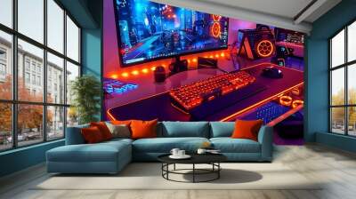 High-tech gaming setup with orange RGB lights, glass table, illuminated decor, bright keyboard and mouse Wall mural