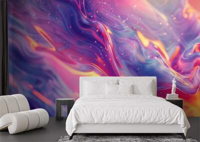 Mesmerizing patterns of colorful liquids blending seamlessly in a marbled background, with intricate swirls and vibrant hues. Mesmerizing swirls of colorful liquids forming intricate patterns  Wall mural