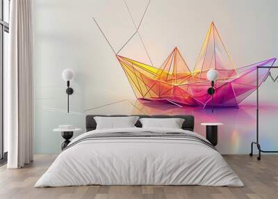 Modern abstract artwork with a paper boat formed from a mash of neon lines and points, set against a clean white background. The image is rendered in high-definition for clear, detailed visualization. Wall mural