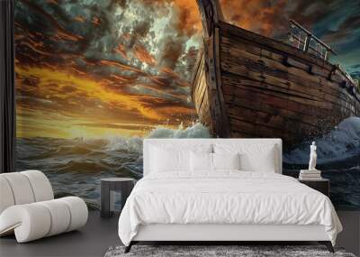 Realistic bottom perspective of an old wooden ship navigating through turbulent waters, with storm clouds and a dramatic sunrise painting the sky Wall mural