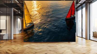 Two sailing boats, one yellow and one red, sailing far from each other at sunrise, sunrays reflecting on the smooth, abstract sea surface. Wall mural