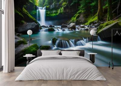 water fall from lush green surface with white shinning water luxarious and lush greenary for  the eyes  Wall mural