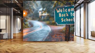 Welcome Back to School stands out boldly in the center of the background, framed by a pure white backdrop. The sides are adorned with colorful decorative materials, adding a festive with rgb lights  Wall mural