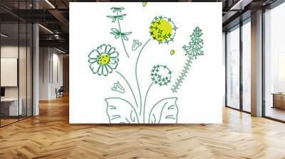 Vector illustration of Flowers, chamomile, bells, wildflowers.Spring summer floral pattern on a white background, poster, cover of the site, web page. Wall mural