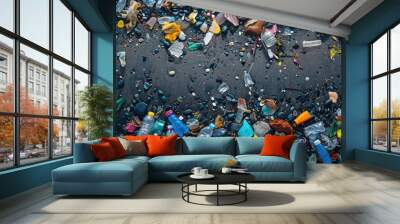 plastic pollution on a beach or shoreline Wall mural