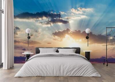  Beautiful heavenly landscape with the sun in the clouds . Paradise heaven .  light about the sky . above sky clouds . Above the clouds . Wall mural