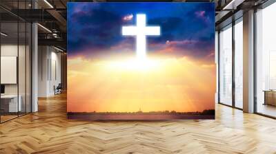  Bright cross over clouds . Church . Religion background . Paradise heaven . Light in sky . Cosmic healing energy .  Light at the end of a tunnel  .  Journey of the Soul  . God's cross   Wall mural