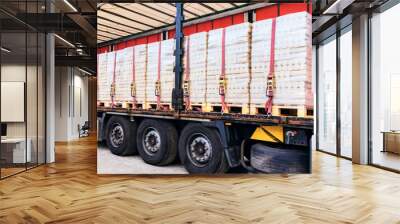  There is a loading to the truck trailer .  fastening of freight in the trailer .   transportation of freight Europe . industrial infrastructure . to fix freight .  Cargo container .  Wall mural