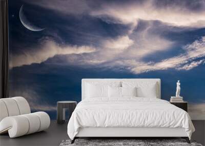 a young month in the clouds. night landscape sky Wall mural