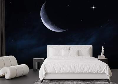 Crescent moon with beautiful sunset background . Generous Ramadan . Light from sky . Religion background . city silhouette  Wall mural