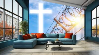 Cross into the sky. Prohibition, quarantine of communication. service to God Wall mural